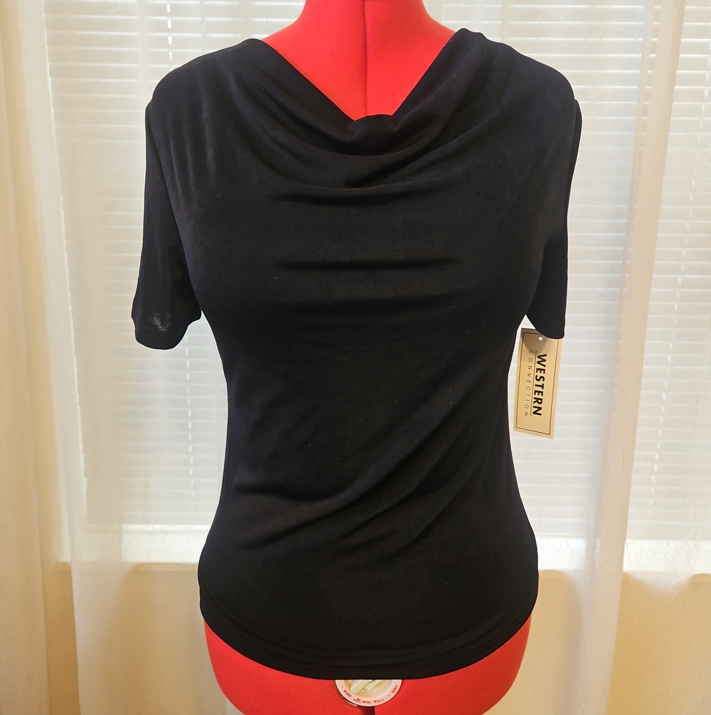 Western Connection Women's Black Cowl Neck Short-Sleeve Blouse Top